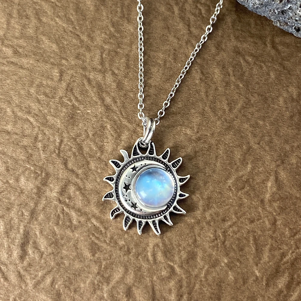 Natürliche Mondstein-Anhänger 925 Sterling Silber Halsketten Sonnen- und Mondform Stern Vintage-Stil Retro