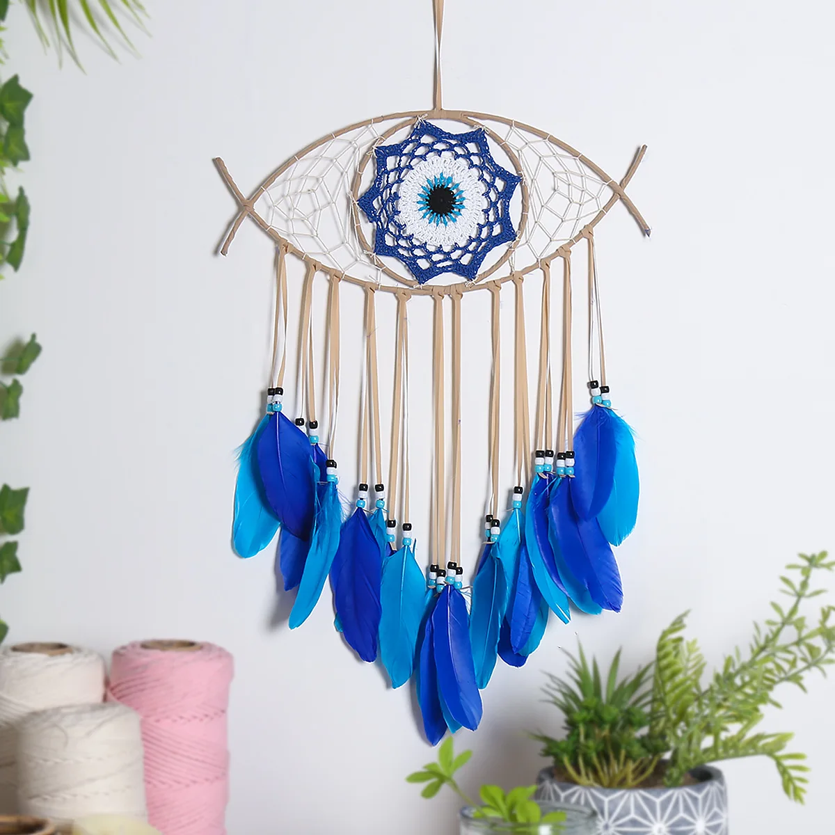 Evil Eye Traumfänger Boho Raumdekoration Handgemachtes Auge Wanddekoration Blaue Feder Traumfänger Wandbehang