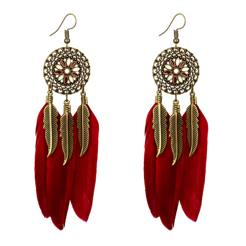 Feder Fransen Dreamcatcher Lange Ohrring für Frauen Rot Blau Schwarz Feder Quaste Ohrringe Handgemachte Boho
