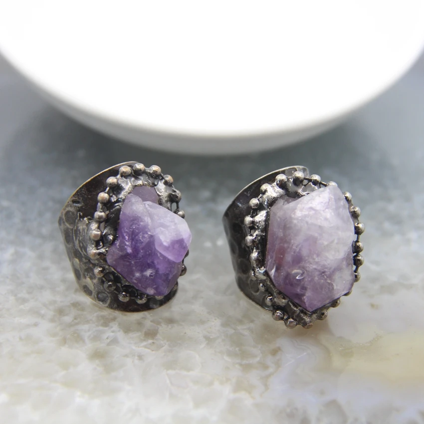 Natürliche Amethyst Geode Nugget Einstellbar Lila Quarz Drusy Kristall Offene Ringe Charms Für frau Mode
