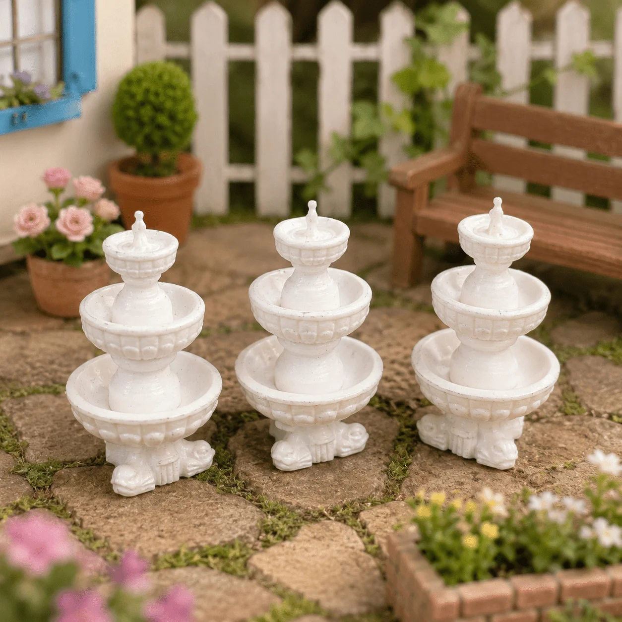 Miniatur-3-stufiges Klassisches Brunnen-Set, Weiße Mini-Wasserspiel-Ornamente, Realistische (3 Stück)