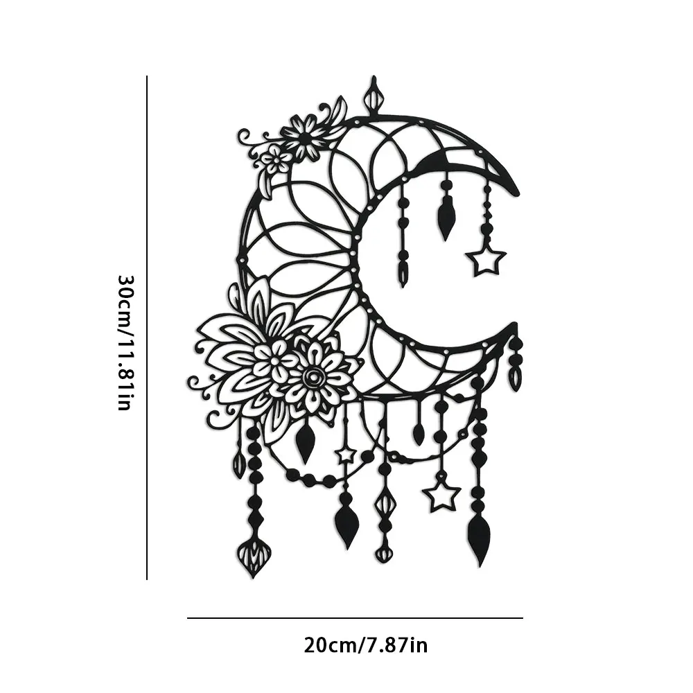 Elegante Gotische Mond- und Blumen-Wandkunst aus Metall - Modernes Handwerksschild Hängende Dekoration