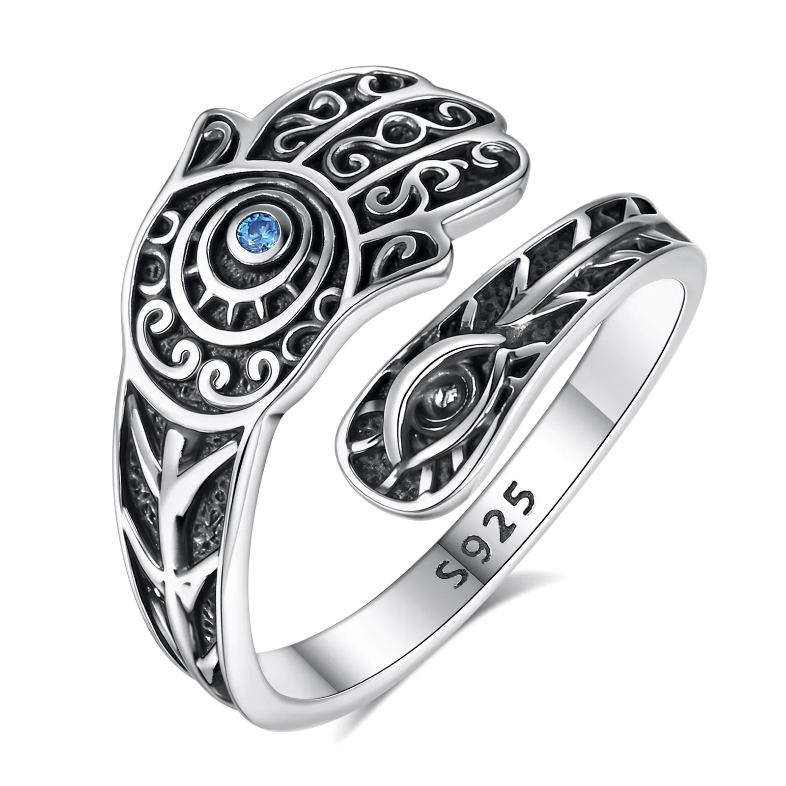 Eudora 925 Sterling Silber Hamsa Hand Böser Blick Verstellbarer Ring Hand der Fatima Amulett Ring Spiritueller