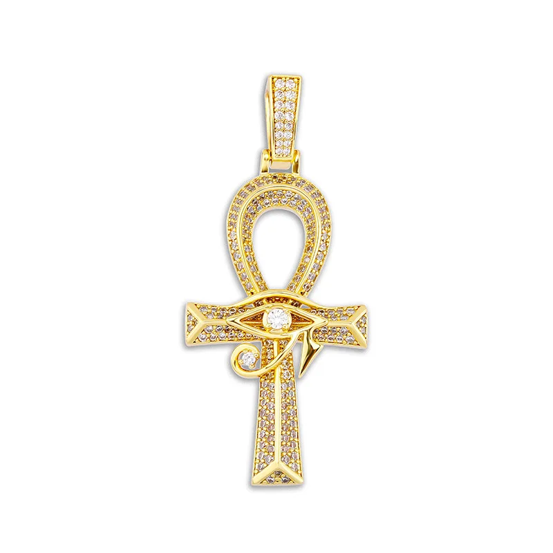 Iced Out Anhänger-Halskette mit altägyptischem Auge des Horus und Ankh-Kreuz, aus Premium-Kupfer