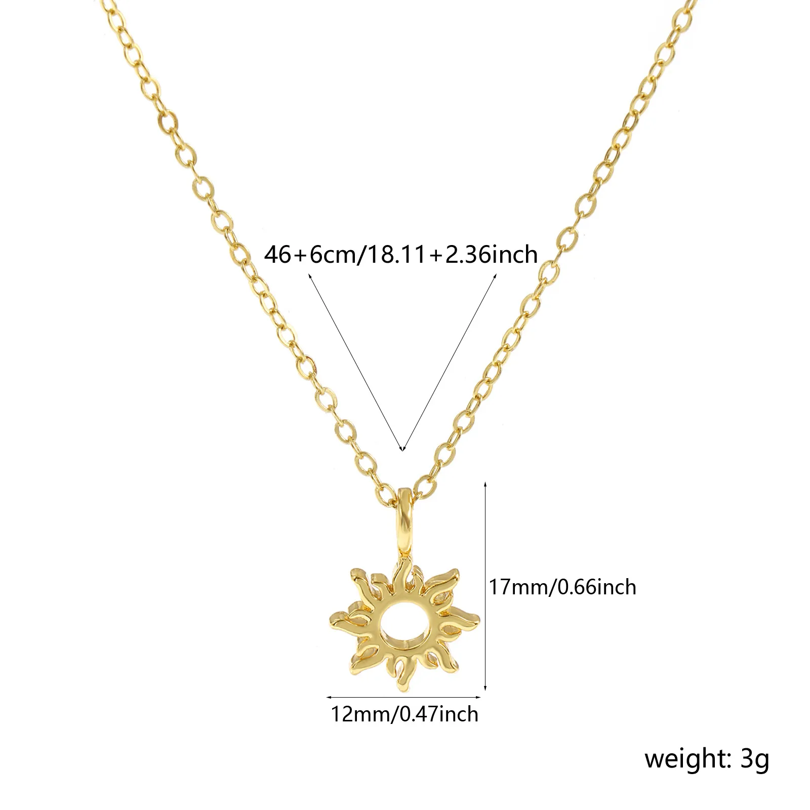 Sonne Mond Anhänger Charm Halskette Messing 18K vergoldet Gliederkabel Kette 46cm(18,1") + 6cm(2,4")