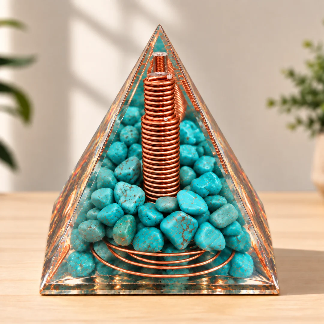 Türkis-Chips Orgonit-Pyramide Kupferspirale Energie-Orgon-Pyramide Meditations-Tischdekoration