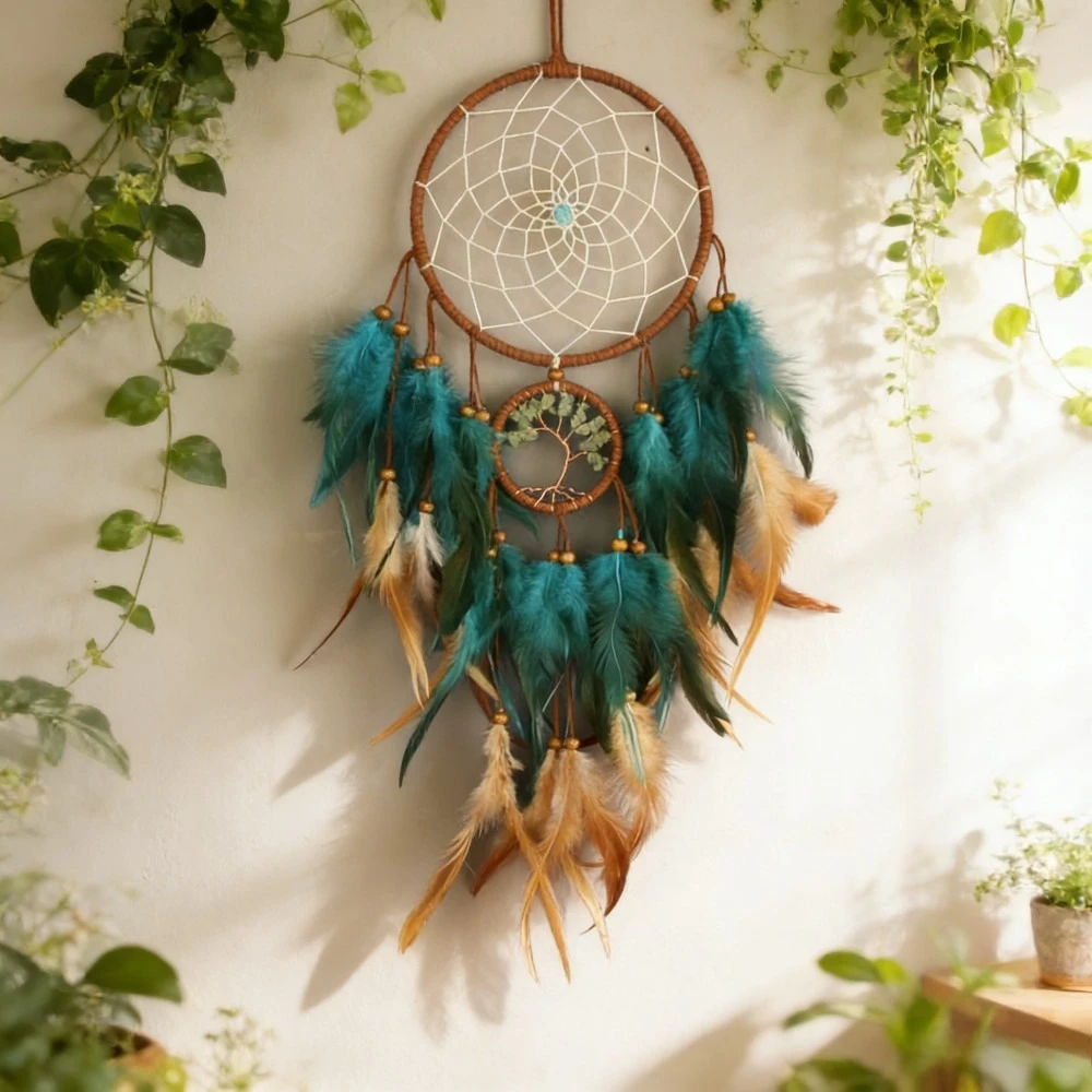 Blauer Boho-Traumfänger mit Feder, Wandkunst, Schlafzimmerdekoration, im Dunkeln leuchtend, Geschenkidee