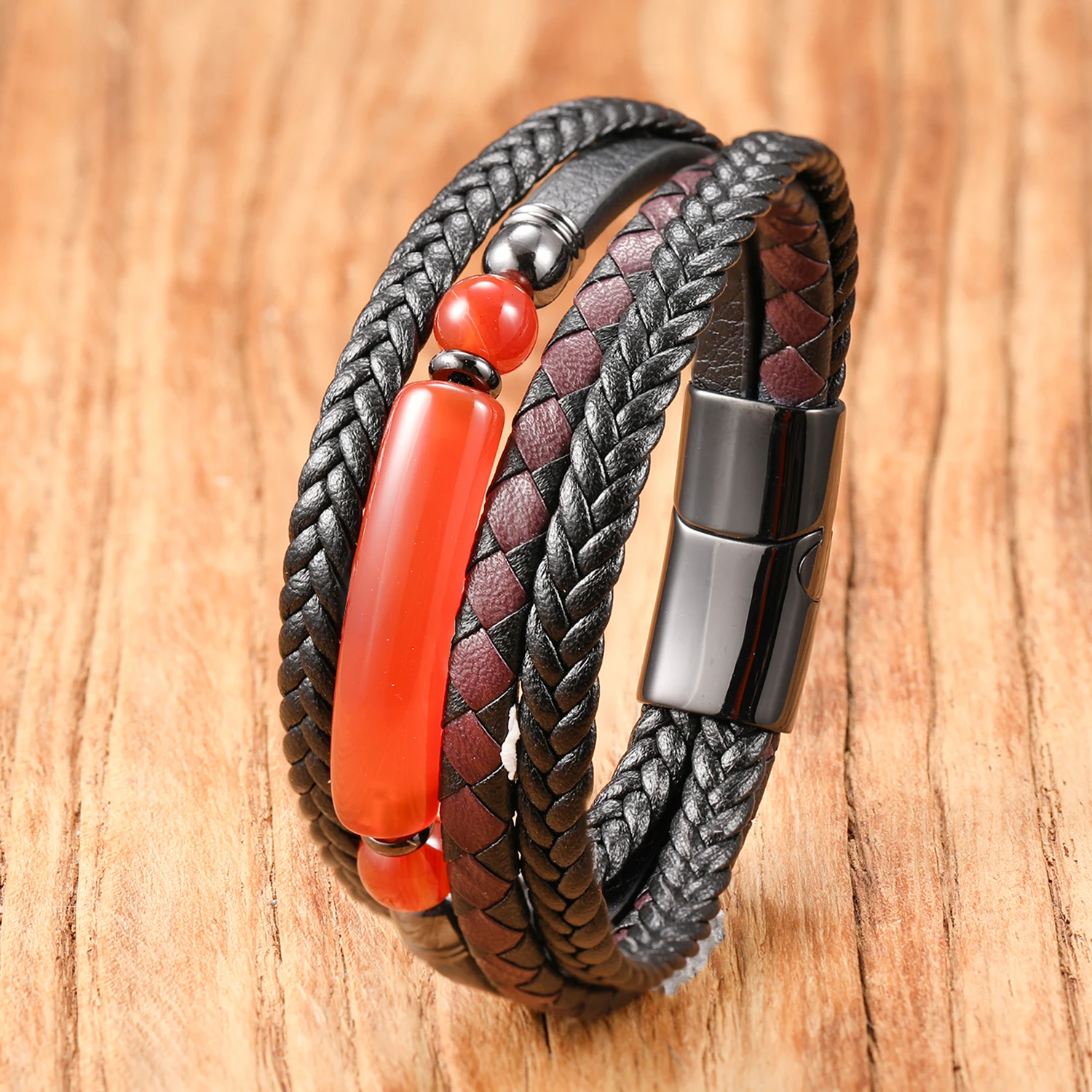 Natursteinperlen, mehrschichtiges geflochtenes Lederarmband, Boho-Hippie, handgefertigtes Geschenk für Männer