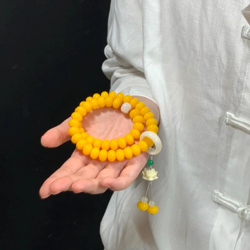 108 Perlen Gelbes Bodhi-Armband Pulloverkette mit Laufring-Halskette für Männer und Frauen Buddhistische