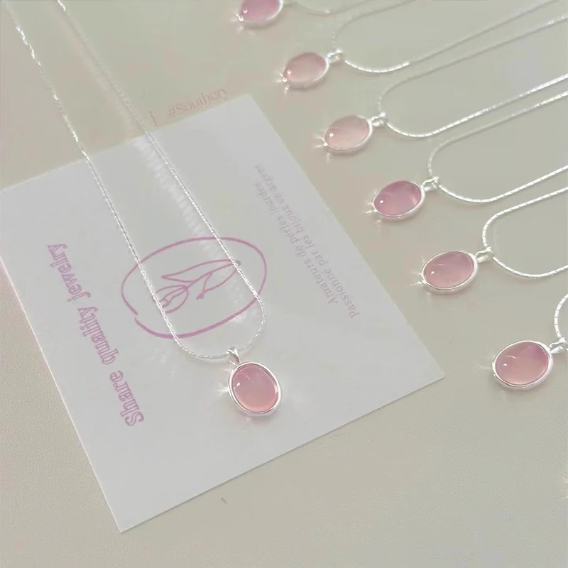 925 Sterling Silber rosa Kristall Mondstein Halskette für Frauen modische und einfache ovale Anhänger
