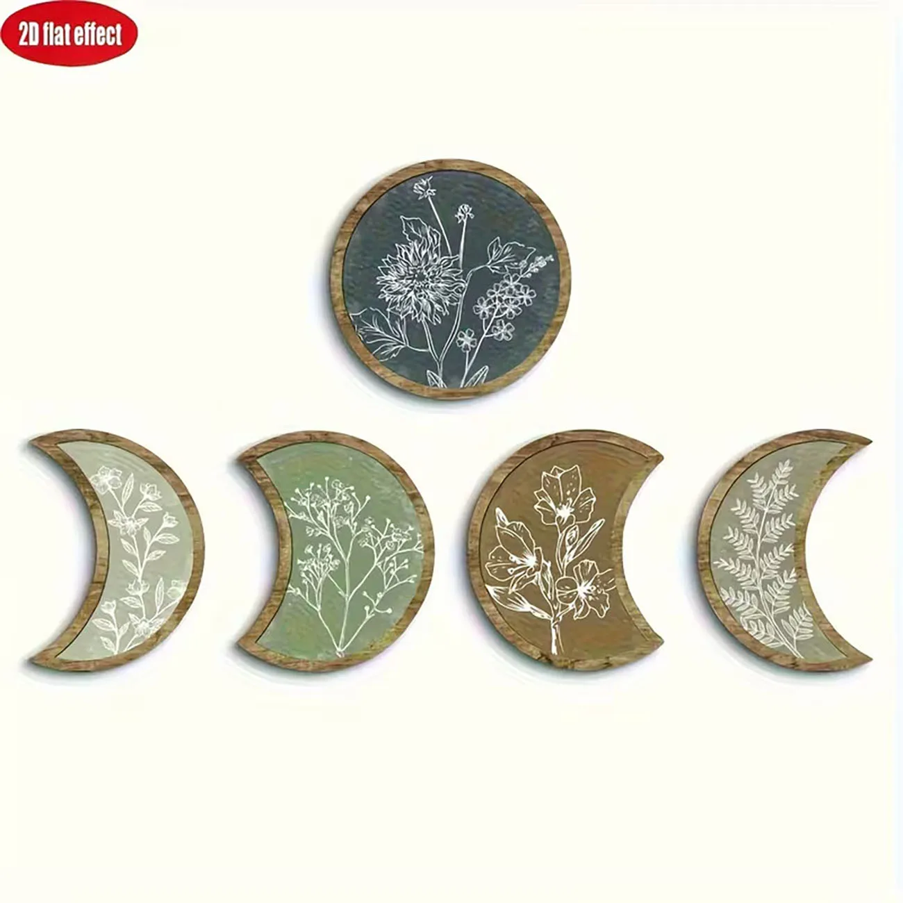 Boho Mondphasen Wanddekor, Botanische Blumen-Mond-Holzkunst mit Nano-Klebeband (5 Stück)
