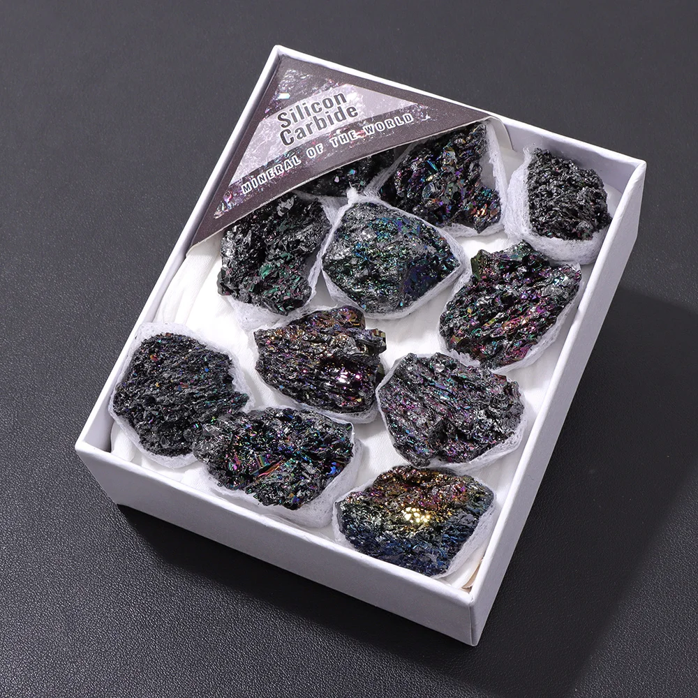 Natürliche Amethyst-Geode, Siliziumkarbid, Pyritkristall, Citrin, Rosenquarz-Mineralexemplare, Box