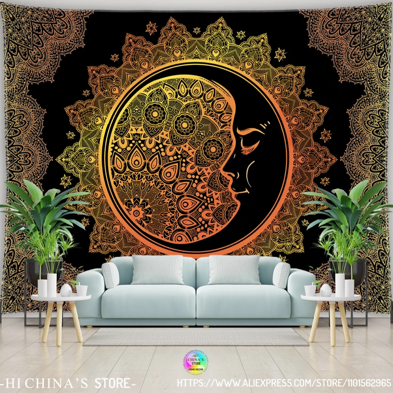 Mandala Wandteppich Wandbehang Boho Wandtuch Raumdekoration Ästhetischer psychedelischer Hippie Sonne Mond