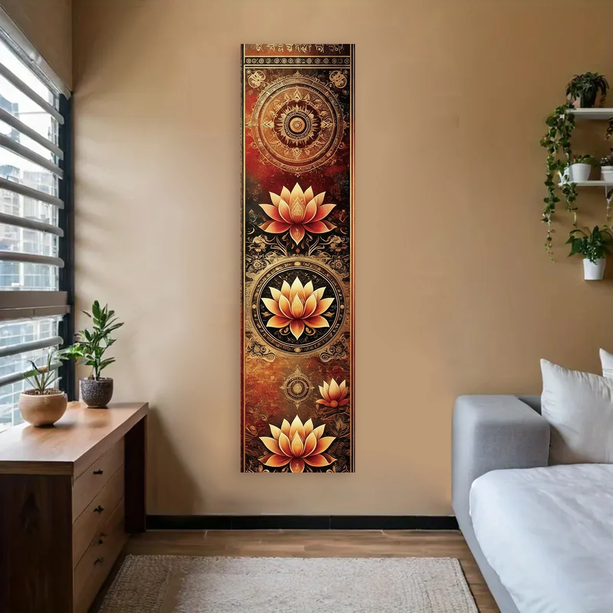 Goldener Lotus Buddha Mandala Vertikaler Wandteppich Lebendiger Polyester Ästhetischer Kunst-Wandbehang