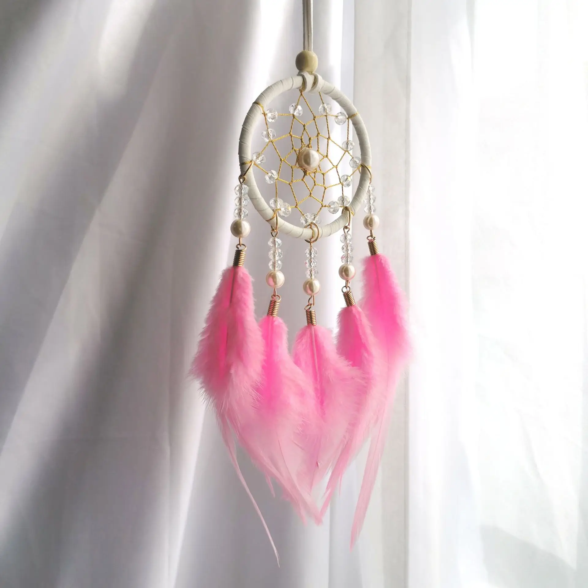 Boho Traumfänger Auto-Hängeornament, Feder-Wanddekoration mit Kristallperlen für Schlafzimmer und Zuhause