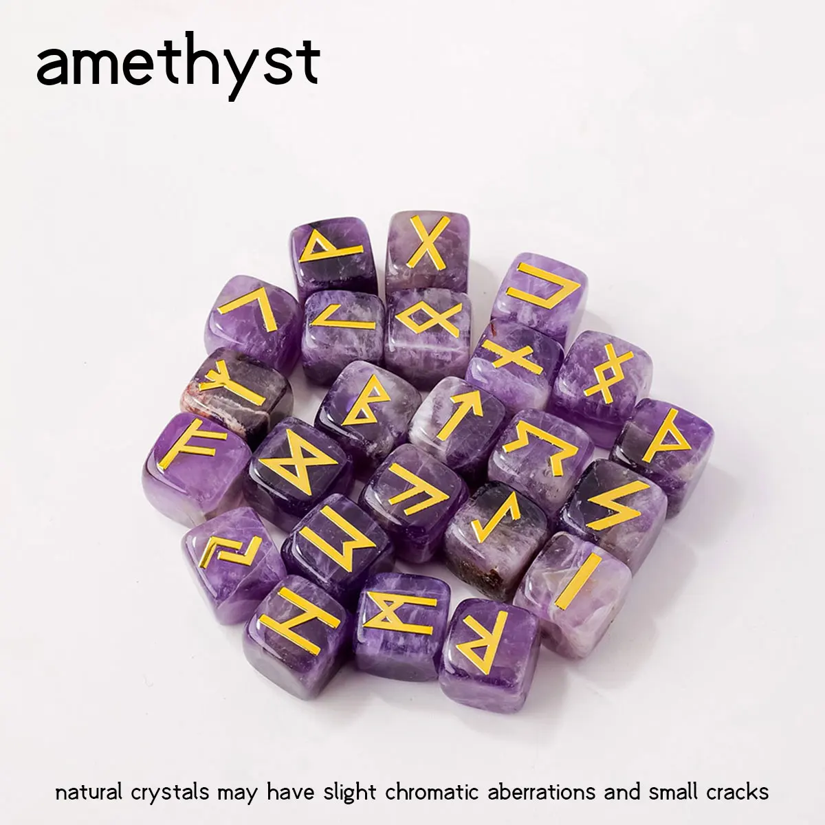 Set mit natürlichen Trommelkristall-Runen-Steinen, Amethyst, schwarzer Obsidian, Wikinger-Runen (25 Stück)