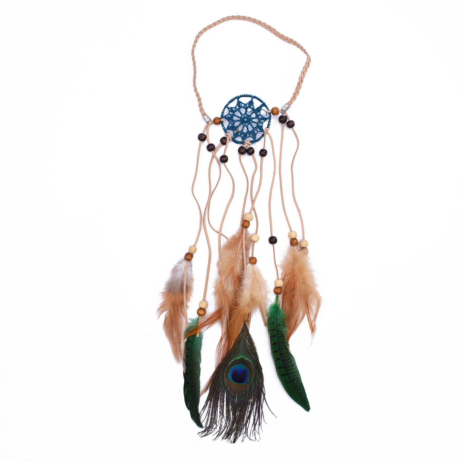 Boho-Traumfänger-Pfauenfeder-Haarband für Damen, Holzperlen-Quasten-Feder-Haarband