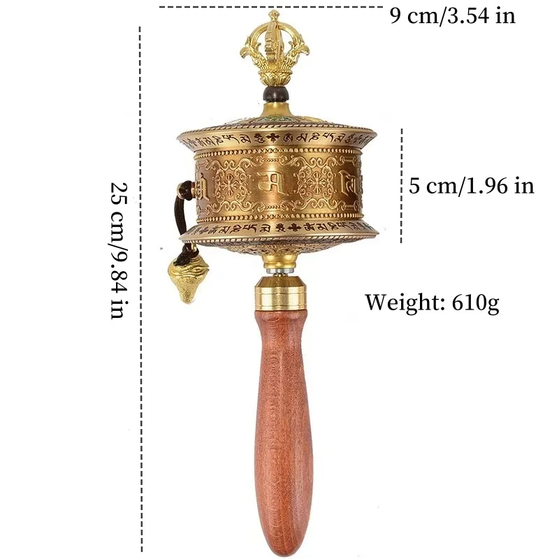 Tibetisches Handgebetscheibe, acht verheißungsvolles Holz, handgekurbeltes Bronze-Mantra-Rad mit sechs