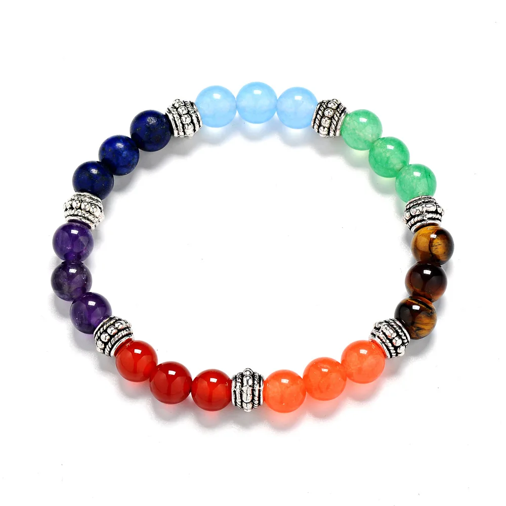 7-Chakra-Perlenarmband für Yoga und Meditation, Naturstein Tigerauge, roter Achat, Amethyst, Stretch-Armreif