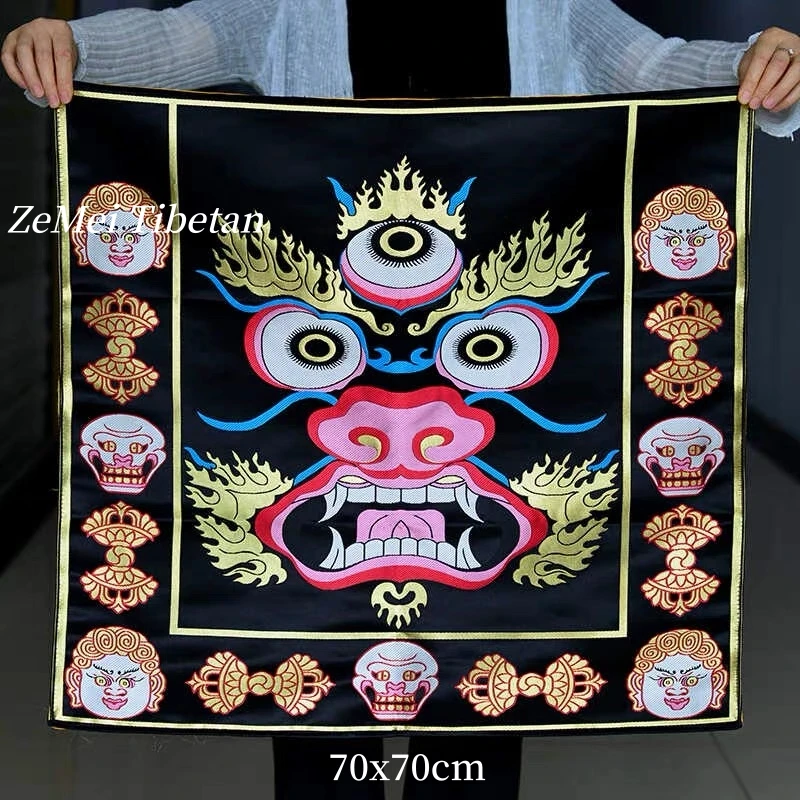 Tibetische Bestickte Tischdecke mit Dreiäugigem Schutzengel, Magische Werkzeugmatte, Buddha-Altarmatte