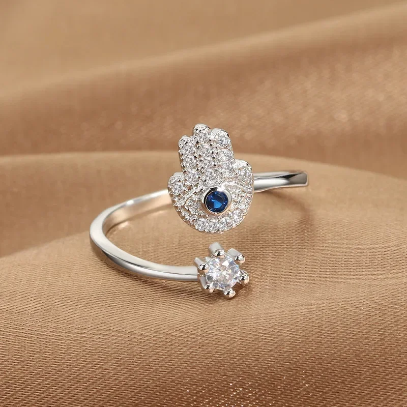 YILUOCD Hamsa Hand verstellbare Ringe Türkischer CZ Evil Eye Ring für Frauen Hand der Fatima Glücksamulett