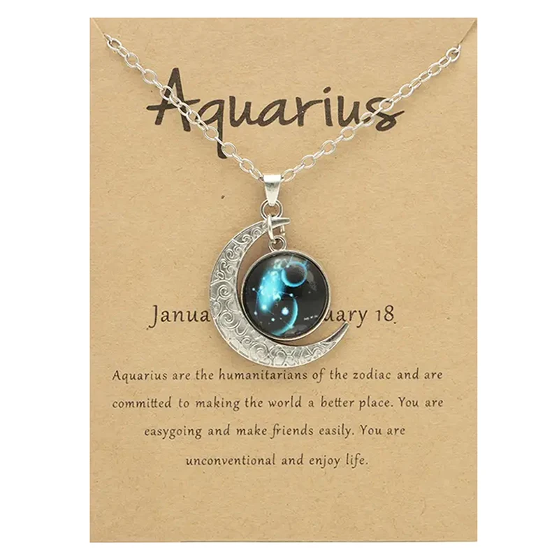 Halskette mit Sternzeichen aus Glas, Mond-Anhänger, mit Karte, Vintage-Astrologie, Sternbild, Schmuck