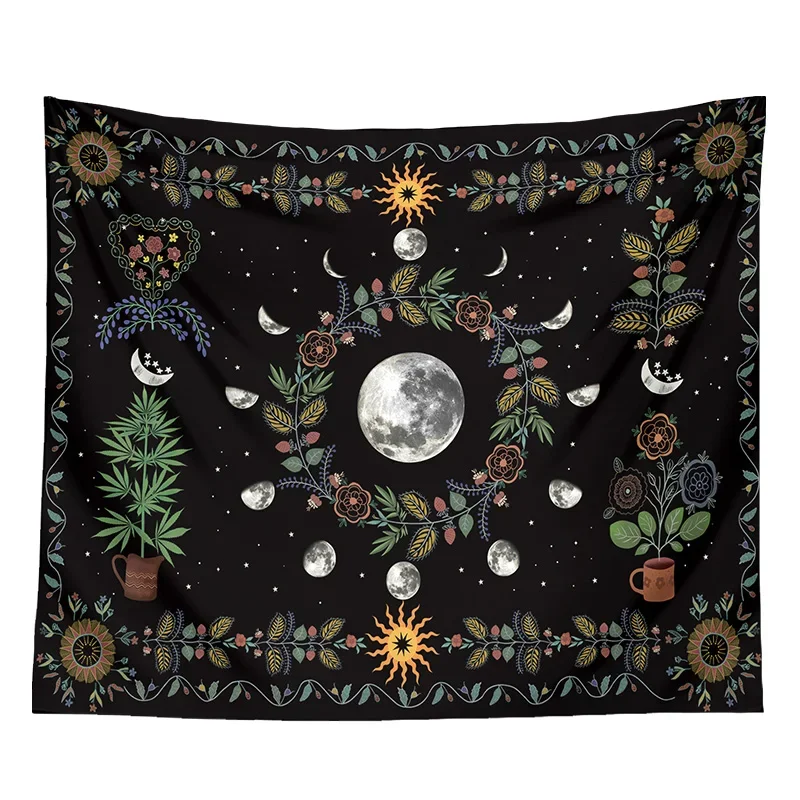 Mondphase Blumen teppich Wandbehang himmlische Blume Sonne Mond sternen klare schwarze Böhmen Mandala