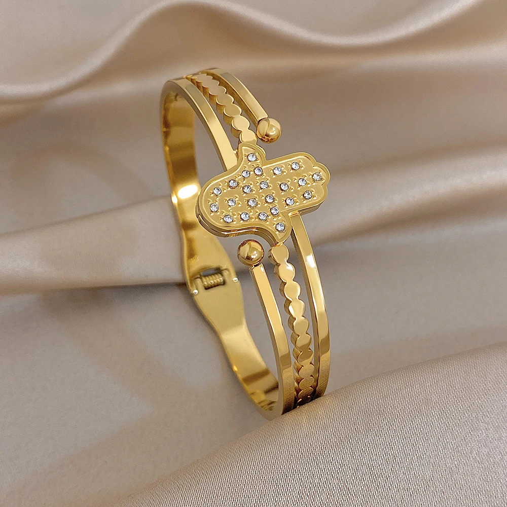 Evil Eye Hamsa Hand Armreif Schmuck für Frauen, vergoldeter Edelstahl mit Zirkon-Einlage, wasserdichtes
