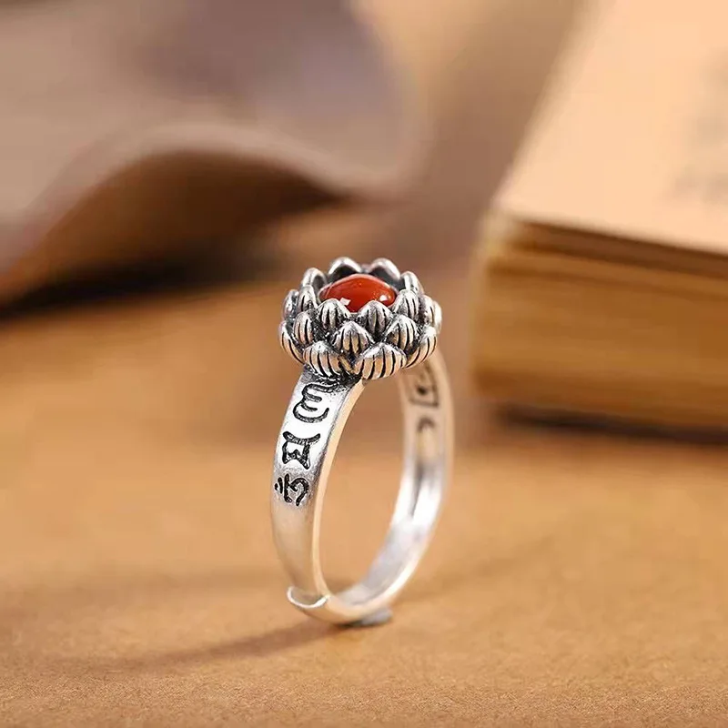 Tibetisch-buddhistischer Mantra-Lotus-Ring mit sechs Silben für Frauen, OM Mani Hum Gebetsschmuck, spirituelle