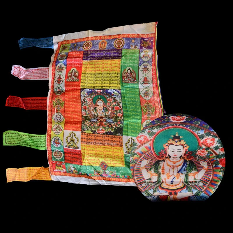 90 cm grüne Tara/Avalokitesvara vertikale Gebetsfahnen, tibetische Seide, Windpferd, Banner, Outdoor-Segen