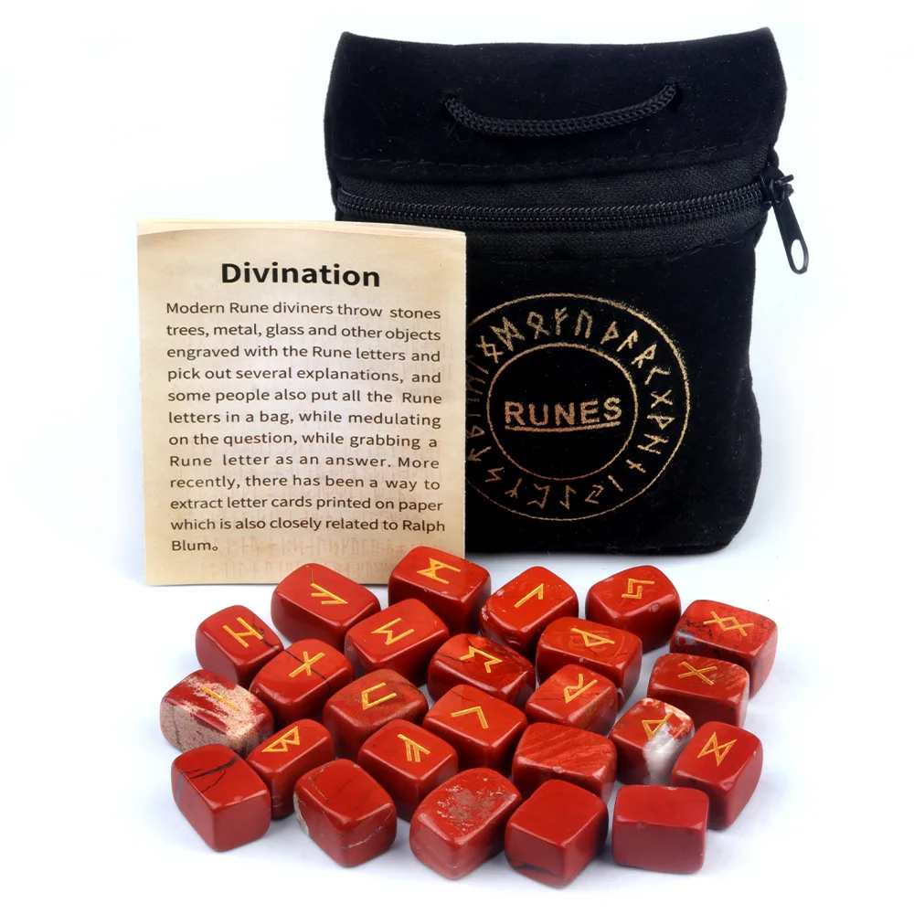 Natürliches Kristall-Achat-Runen-Steine-Set, graviert, Elder Futhark, Wikinger-Alphabet, Runen, Edelstein