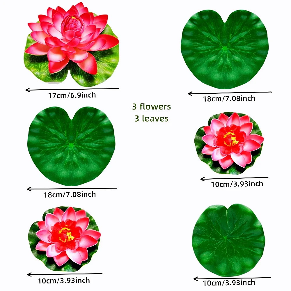 3 Blumen und 3 Blätter Künstlicher Lotus, Realistische Schwimmende Schaum-Lotusblüten, Künstliche