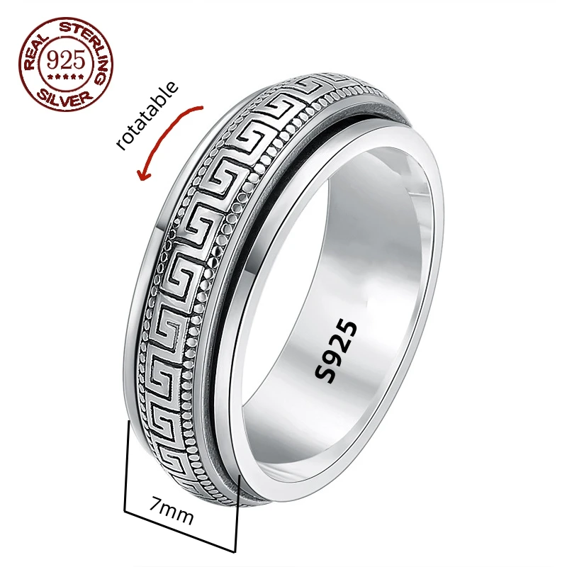 Tibetischer Mantra-Drehring aus S925 Sterling-Silber, Om Mani Padme Hum Spinner-Band, Retro Buddhistischer