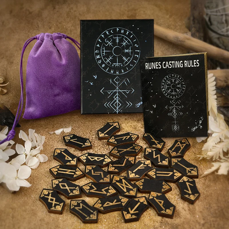 Holz-Runen-Stein-Set, 25-teilig, Wikinger, nordisches Wahrsagerei-Set mit Führungsbuch, Samtbeutel