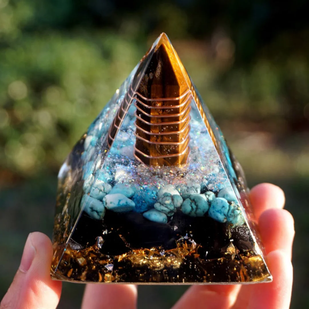 Orgonit-Pyramide Tigerauge-Steine, Türkis mit Obsidian, Kupfer-Orgon-Pyramid-Kristall, Orgonit-Pyramide