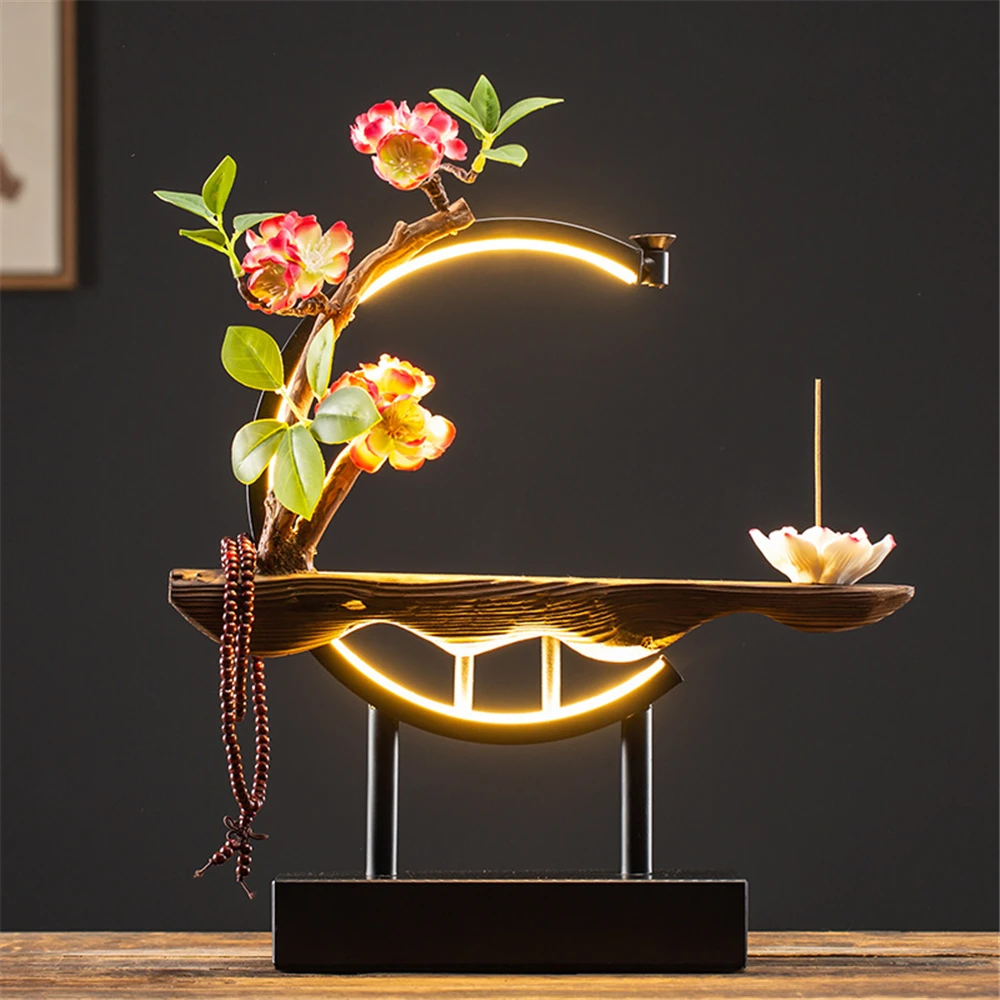 Keramik-Rückfluss-Räuchergefäß aus Holz mit 20-Kegel, USB-LED-Licht, Kreis, Lotus-Buddha-Perlen