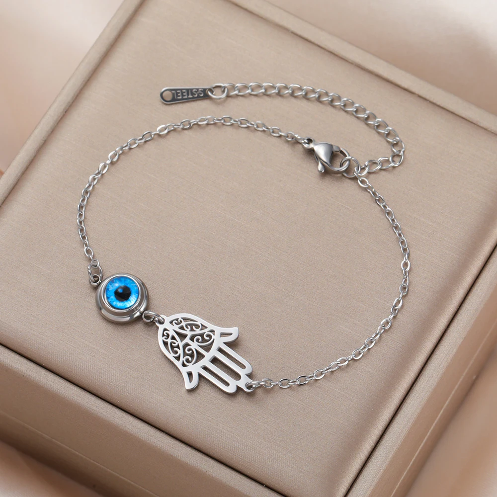 Dawapara Hamsa Böser Blick Armband Hand der Fatima Schutz-Talisman Glücksbringer Edelstahl-Schmuck