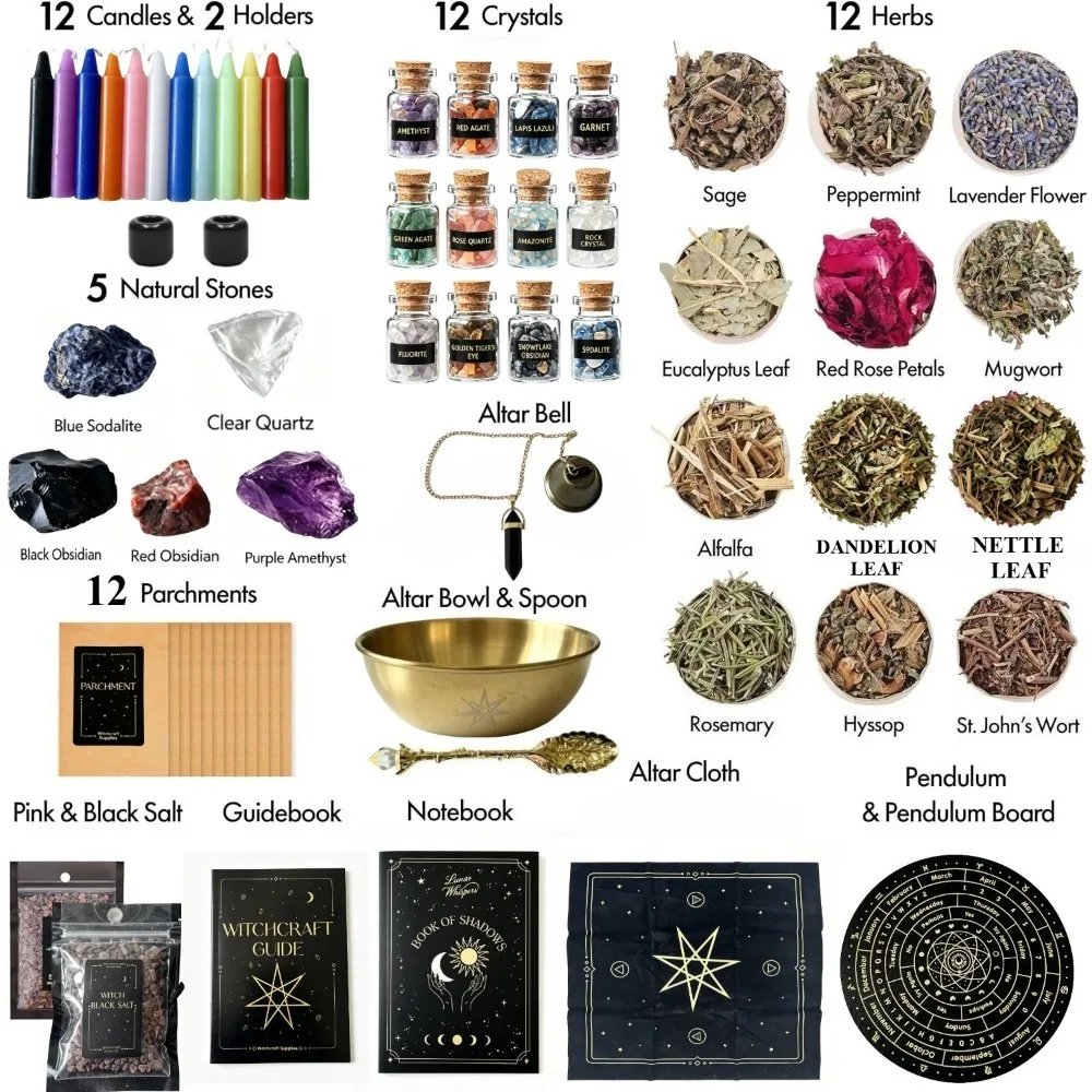 Hexerei-Set, Altar-Zauberset, Hexengeschenke, Wicca-Zubehör, Zauberkerzen, Getrocknete Kräuter, Kristalle