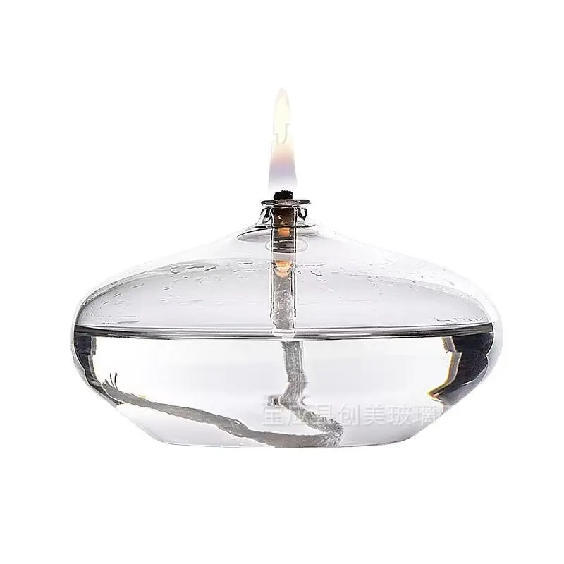 Handgefertigte flache Öllampe aus transparentem Glas mit Kerzenhalter, mit leichtem Kern, kann als Tischkerzen
