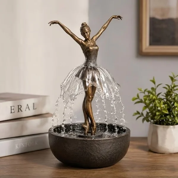 Eleganter Ballerina-Tischbrunnen im Vintage-Bronze-Stil mit beruhigendem, fließendem Wasser und beruhigendem