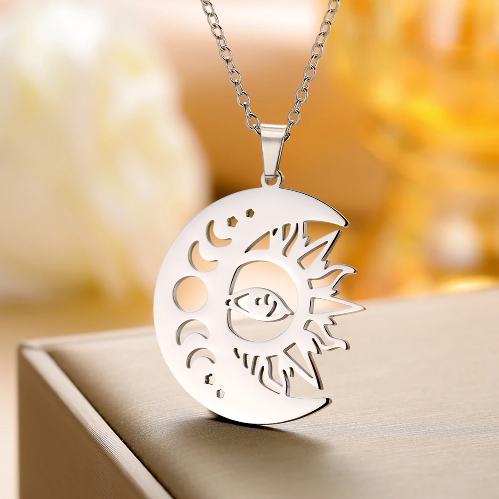 Dawapara Sonnen- und Mondphasen-Halskette, Halbmond-Anhänger, Edelstahl, Schmuck, Valentinstagsgeschenk