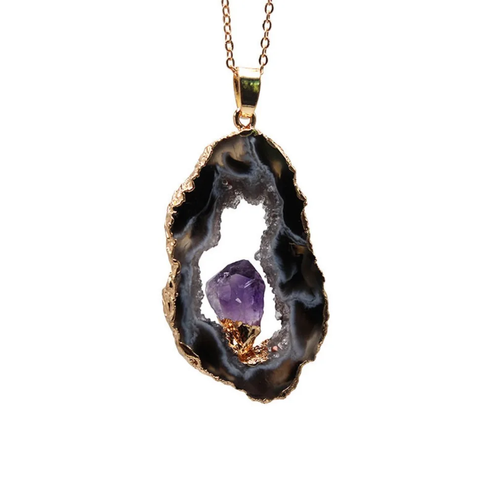 Unregelmäßige Form natürlichen Achat Quarz Geode Druzy Anhänger mittlere Inlay Amethyst Charm Schmuck